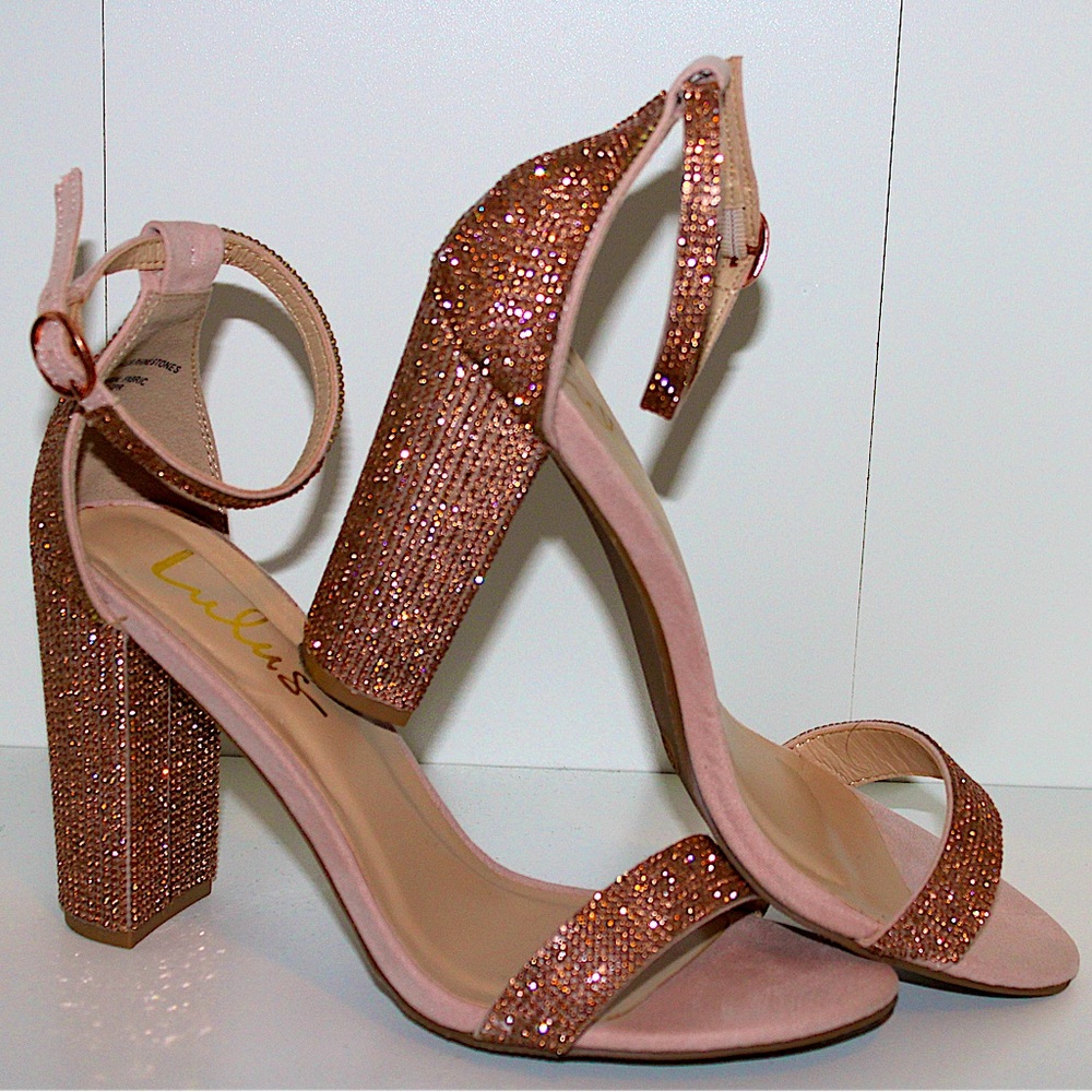 Lulus Rose Gold (Pink) Rhinestone Heels. Size 8. Comfortable and only worn once!